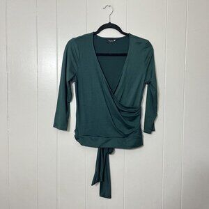 Paperoc Green Blouse Faux Wrap Tie Back Shirt Size M EUC